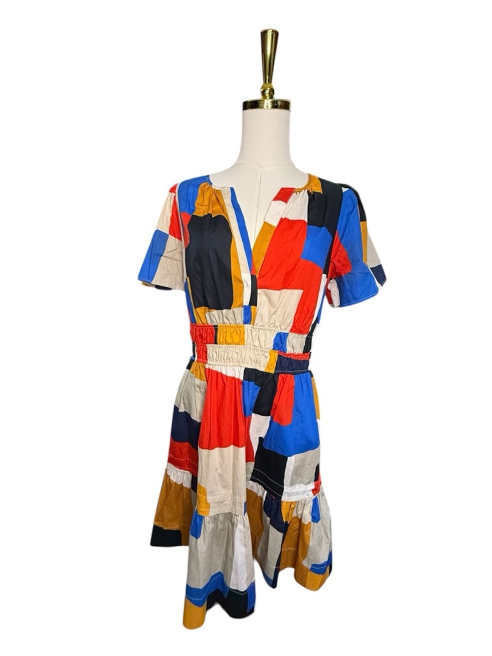 Anthropologie The Somerset Colorblock Print Short Dress Orange Blue Cream Size M - Picture 2 of 8